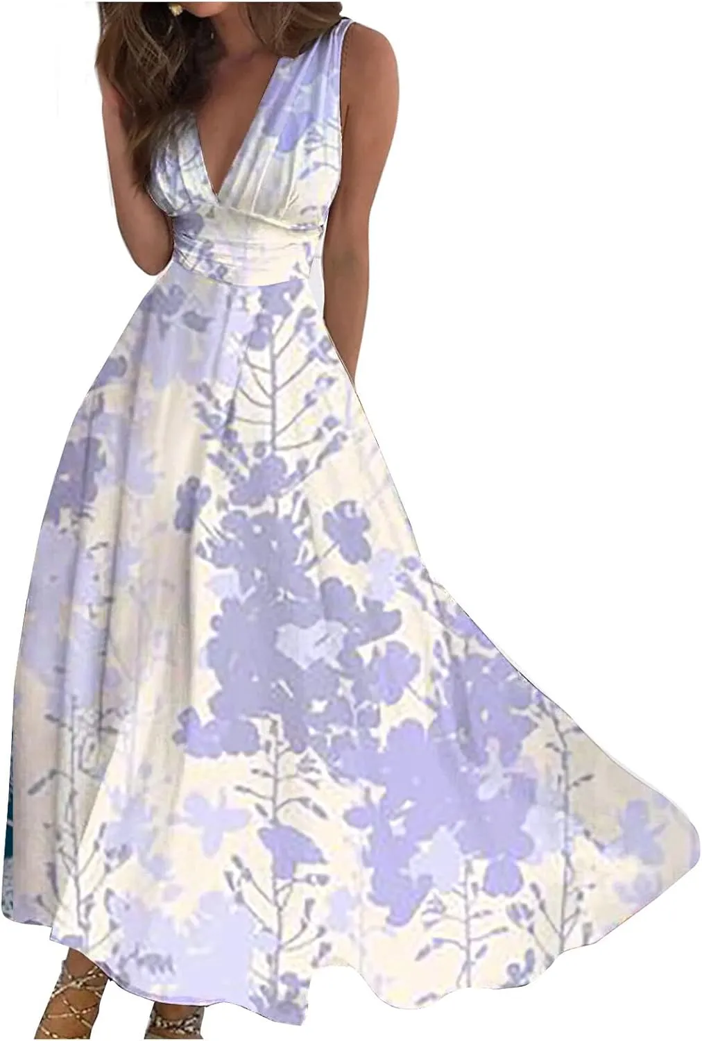 Waist Dress for Women Simple Floral Maxi Dress Flowy Casual V Neck Sleeveless Wedding Guest Holiday Long Dress