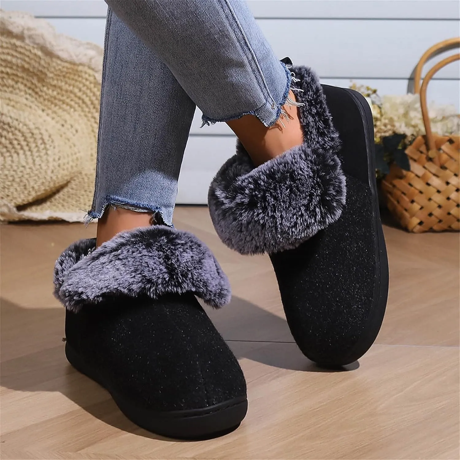 Warm Shoes Ankle Boots for Women Neutral Felt Fur Collar Wrap Heel Cotton Shoes Winter Indoor Shoes Memory Cotton