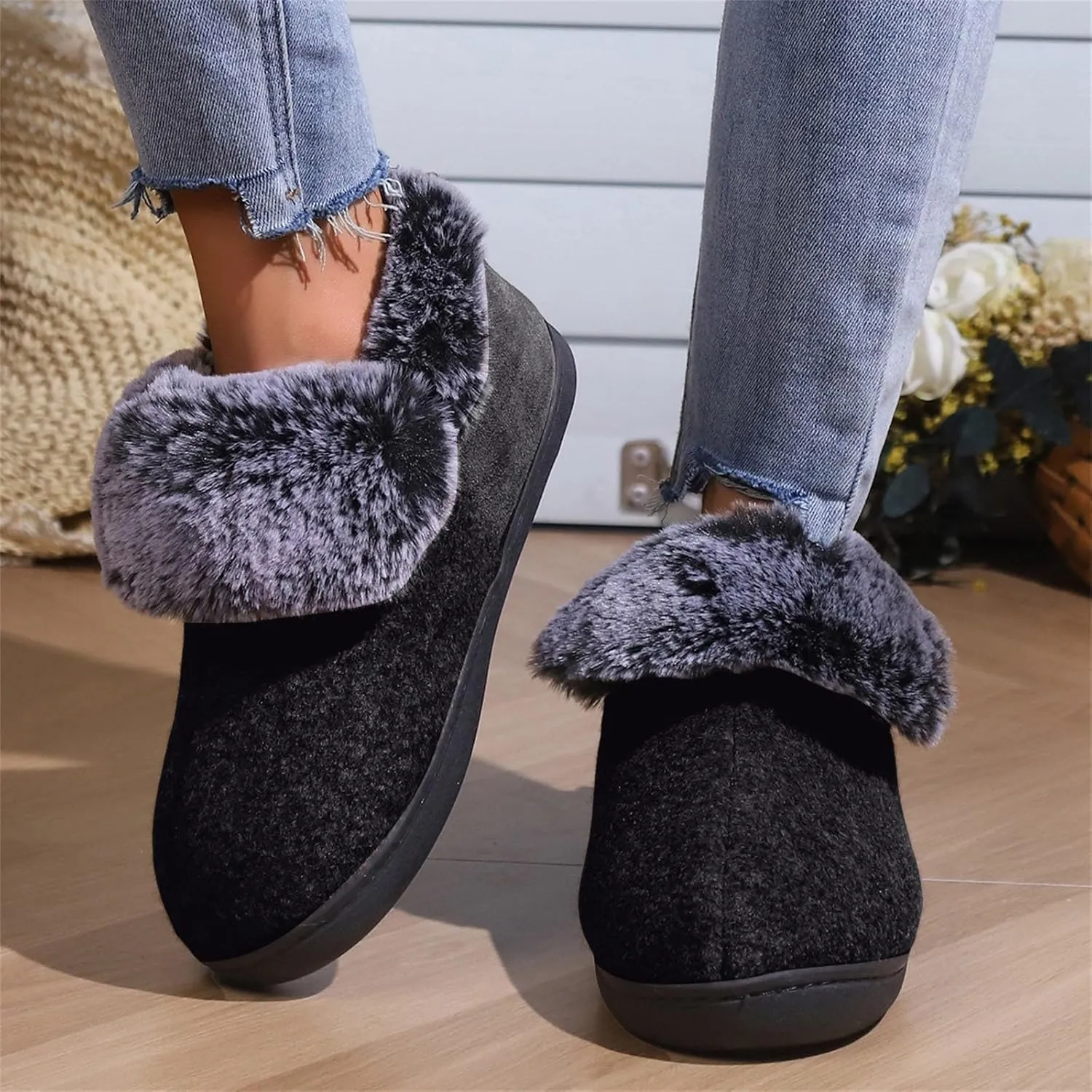 Warm Shoes Ankle Boots for Women Neutral Felt Fur Collar Wrap Heel Cotton Shoes Winter Indoor Shoes Memory Cotton