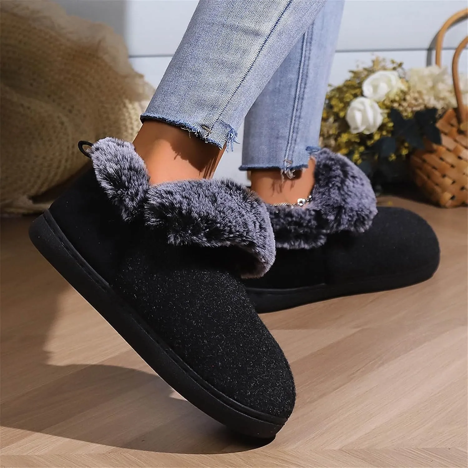 Warm Shoes Ankle Boots for Women Neutral Felt Fur Collar Wrap Heel Cotton Shoes Winter Indoor Shoes Memory Cotton