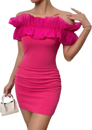 WDIRARA Women's Off Shoulder Strapless Ruffle Trim Sleeveless Bodycon Mini Party Dress