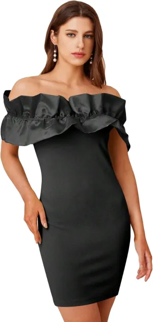 WDIRARA Women's Off Shoulder Strapless Ruffle Trim Sleeveless Bodycon Mini Party Dress