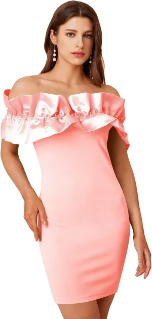 WDIRARA Women's Off Shoulder Strapless Ruffle Trim Sleeveless Bodycon Mini Party Dress