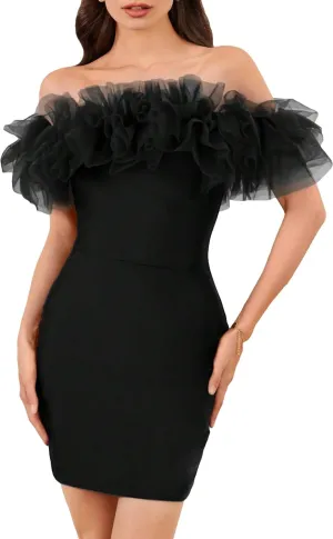 WDIRARA Women's Off Shoulder Strapless Ruffle Trim Sleeveless Bodycon Mini Party Dress