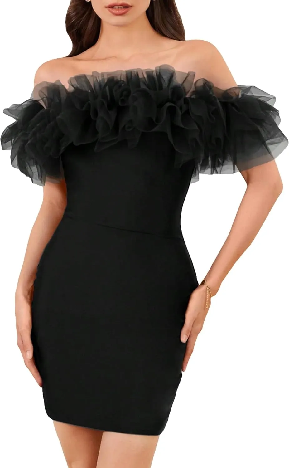 WDIRARA Women's Off Shoulder Strapless Ruffle Trim Sleeveless Bodycon Mini Party Dress