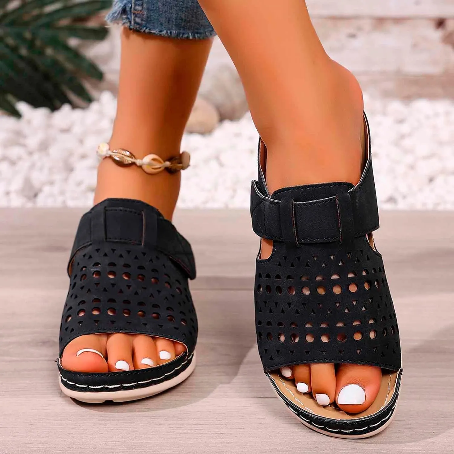 Wedge Heels Sandals Shoes Peep Toe Hollow Out Platform Sole Non Slip Bottom Beach Walking Comfortable Summer Sandals