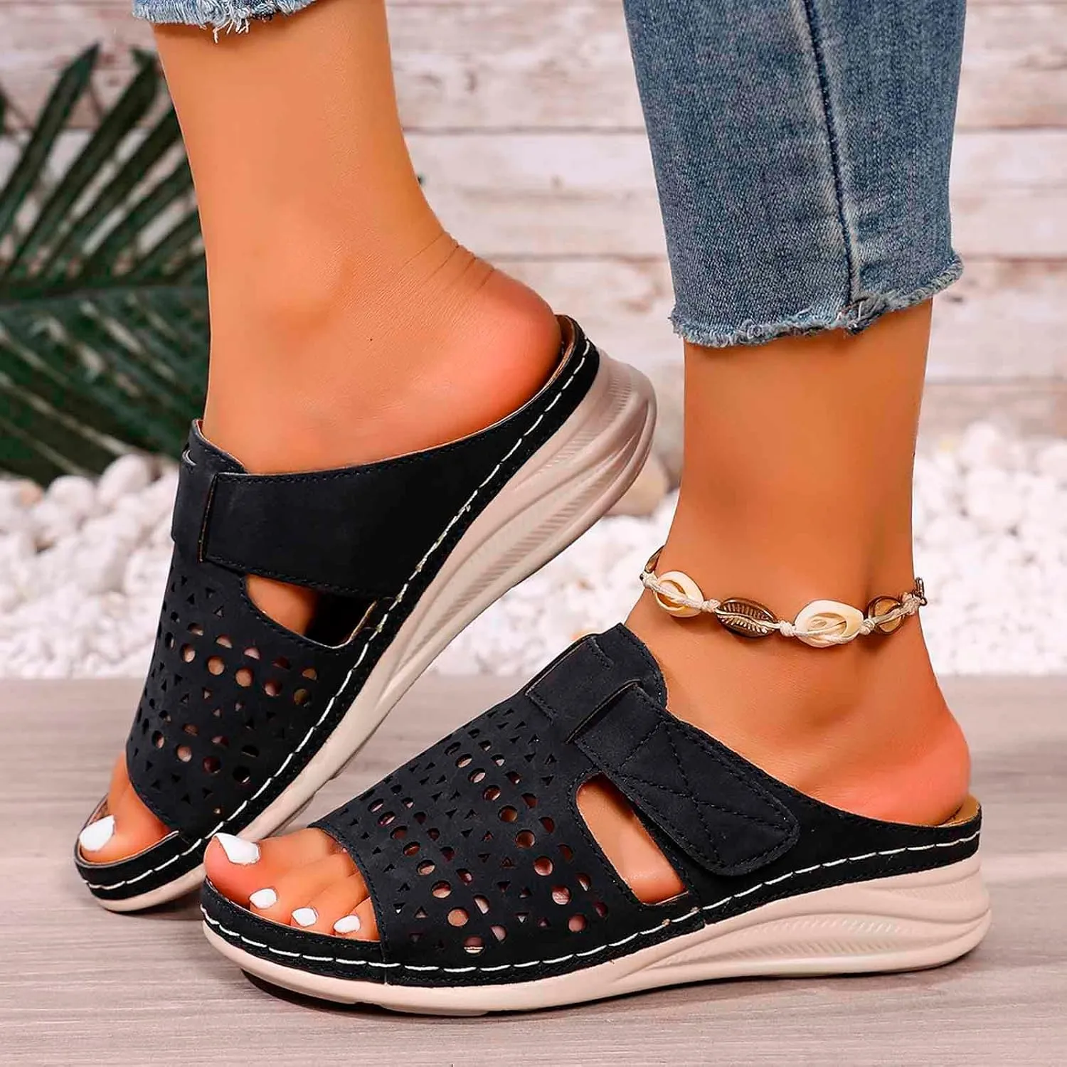 Wedge Heels Sandals Shoes Peep Toe Hollow Out Platform Sole Non Slip Bottom Beach Walking Comfortable Summer Sandals
