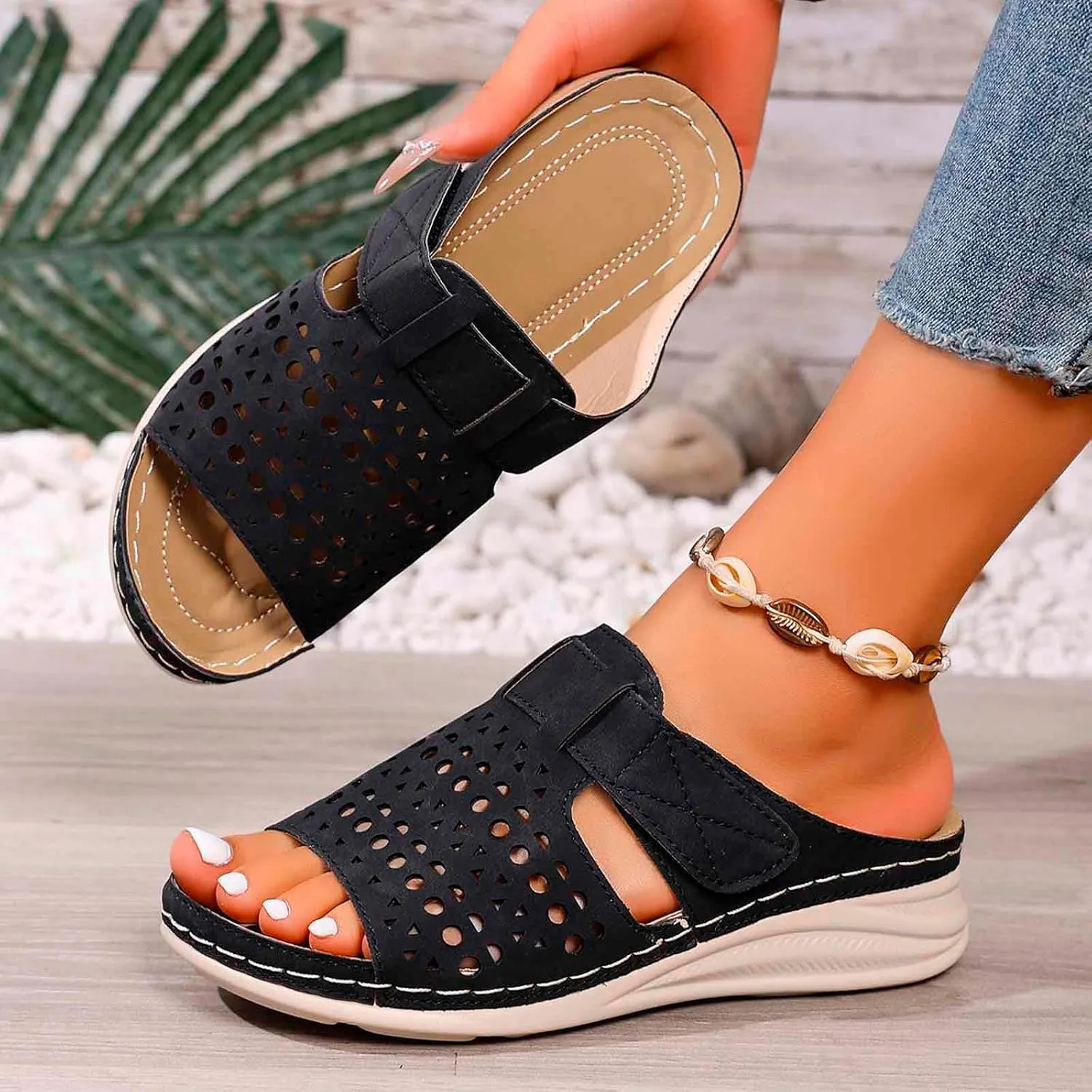 Wedge Heels Sandals Shoes Peep Toe Hollow Out Platform Sole Non Slip Bottom Beach Walking Comfortable Summer Sandals