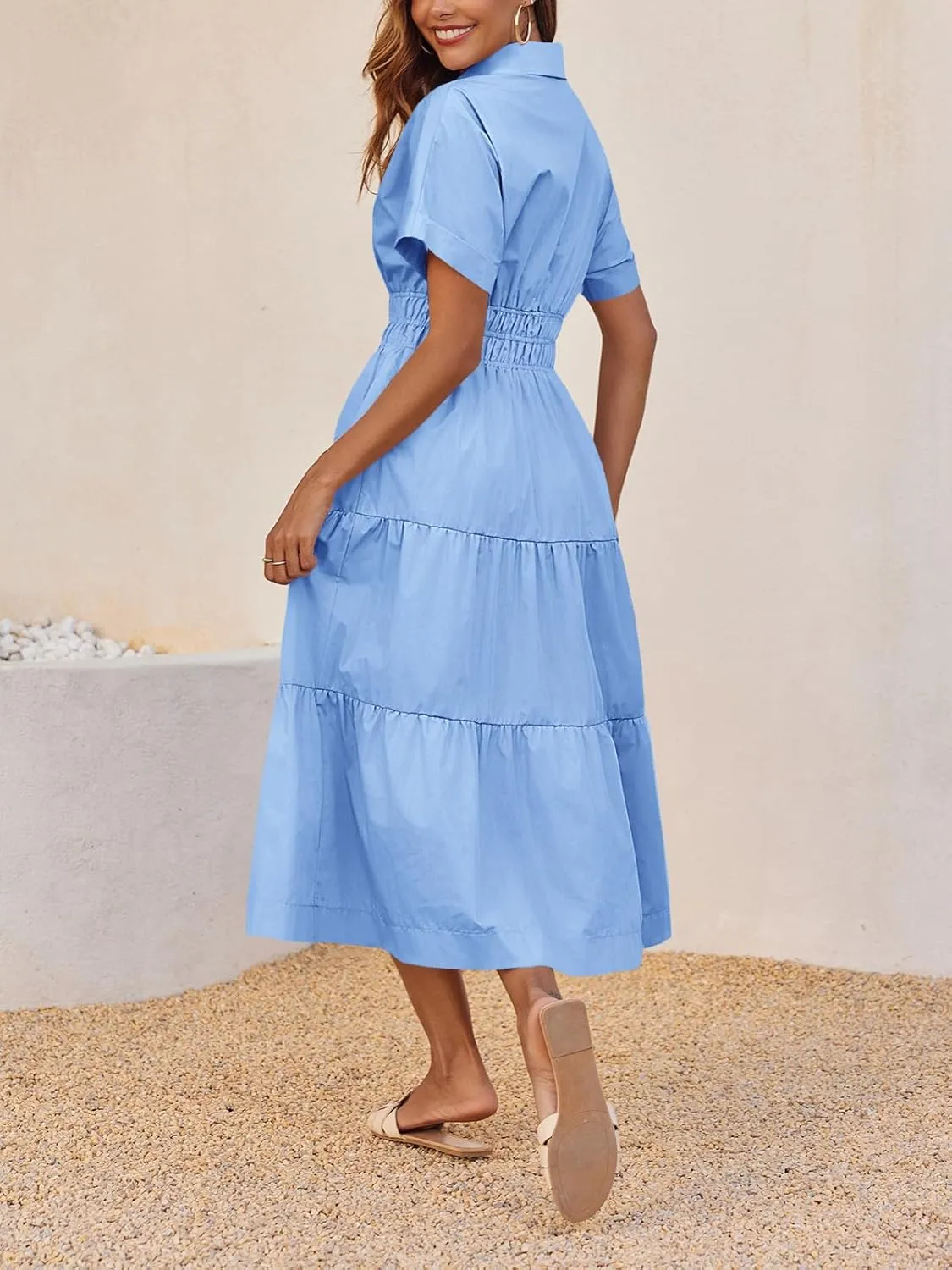 Wenrine Womens Summer Short Sleeve Maxi Dresses Casual V Neck Smocked Loose Tiered Flowy Shirt Dress with Pockets
