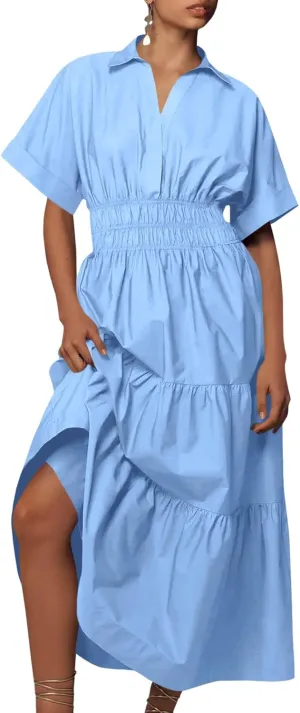 Wenrine Womens Summer Short Sleeve Maxi Dresses Casual V Neck Smocked Loose Tiered Flowy Shirt Dress with Pockets