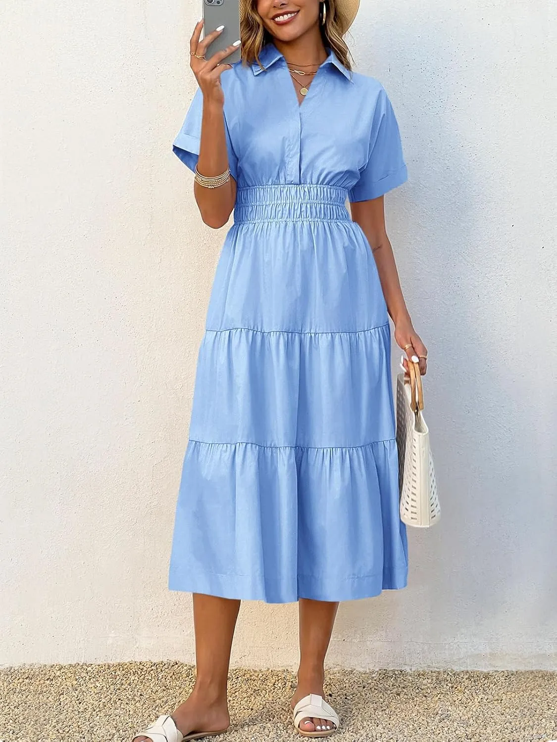 Wenrine Womens Summer Short Sleeve Maxi Dresses Casual V Neck Smocked Loose Tiered Flowy Shirt Dress with Pockets