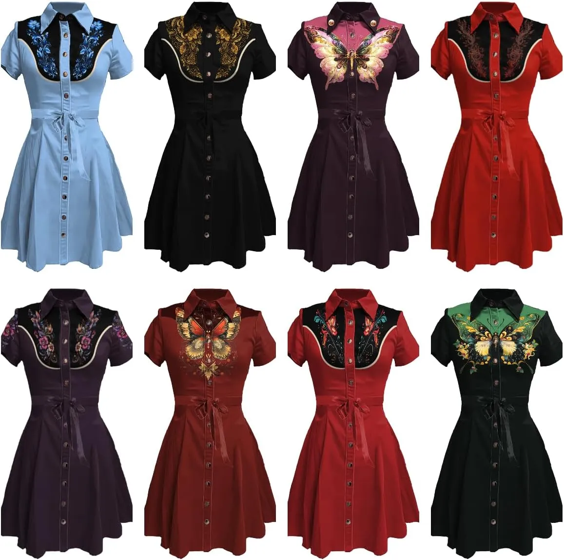 Western Cowgirl Button Down Shirt Dress 1950S Vintage Short Sleeve Slim Fit Sexy Mini Casual Retro Aline Dress
