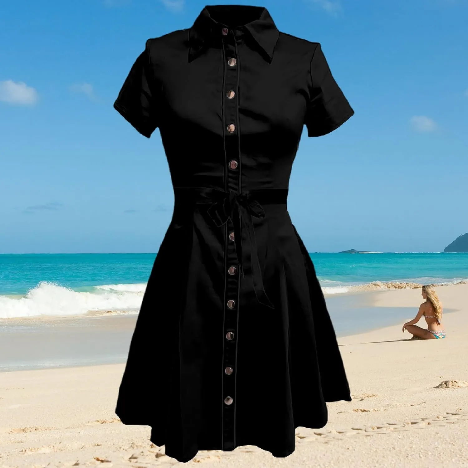 Western Cowgirl Button Down Shirt Dress 1950S Vintage Short Sleeve Slim Fit Sexy Mini Casual Retro Aline Dress