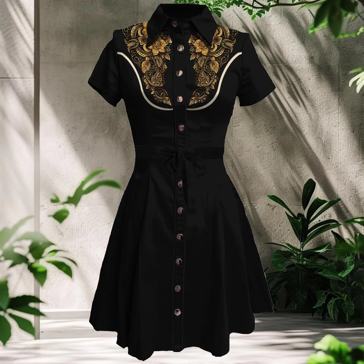 Western Cowgirl Button Down Shirt Dress 1950S Vintage Short Sleeve Slim Fit Sexy Mini Casual Retro Aline Dress
