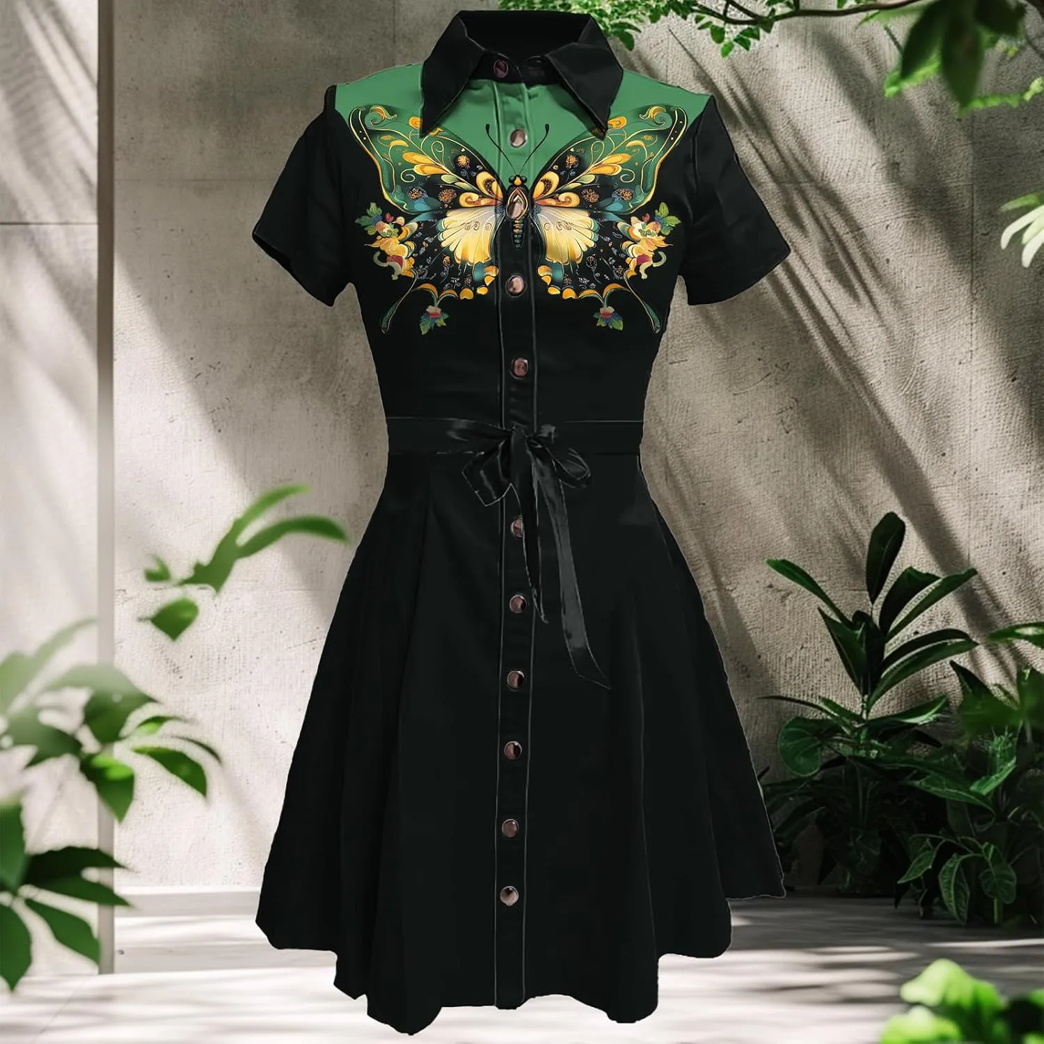 Western Cowgirl Button Down Shirt Dress 1950S Vintage Short Sleeve Slim Fit Sexy Mini Casual Retro Aline Dress