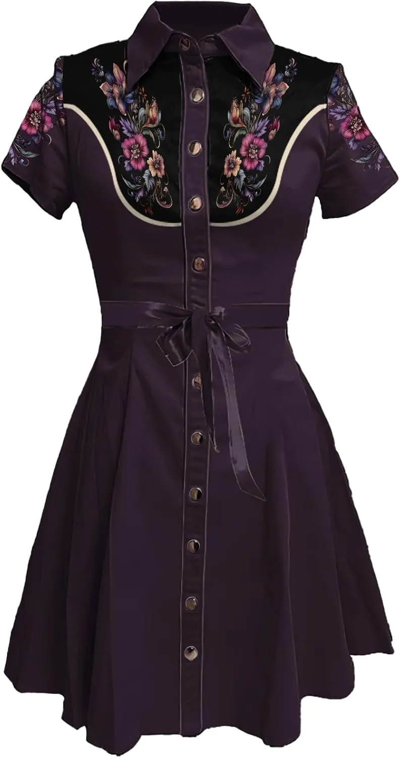 Western Cowgirl Button Down Shirt Dress 1950S Vintage Short Sleeve Slim Fit Sexy Mini Casual Retro Aline Dress