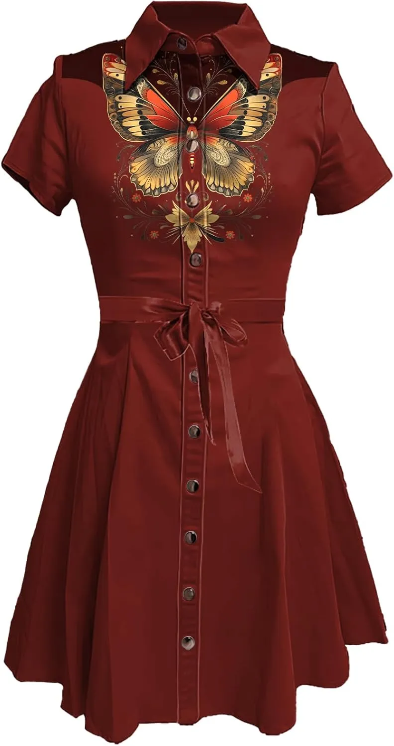 Western Cowgirl Button Down Shirt Dress 1950S Vintage Short Sleeve Slim Fit Sexy Mini Casual Retro Aline Dress