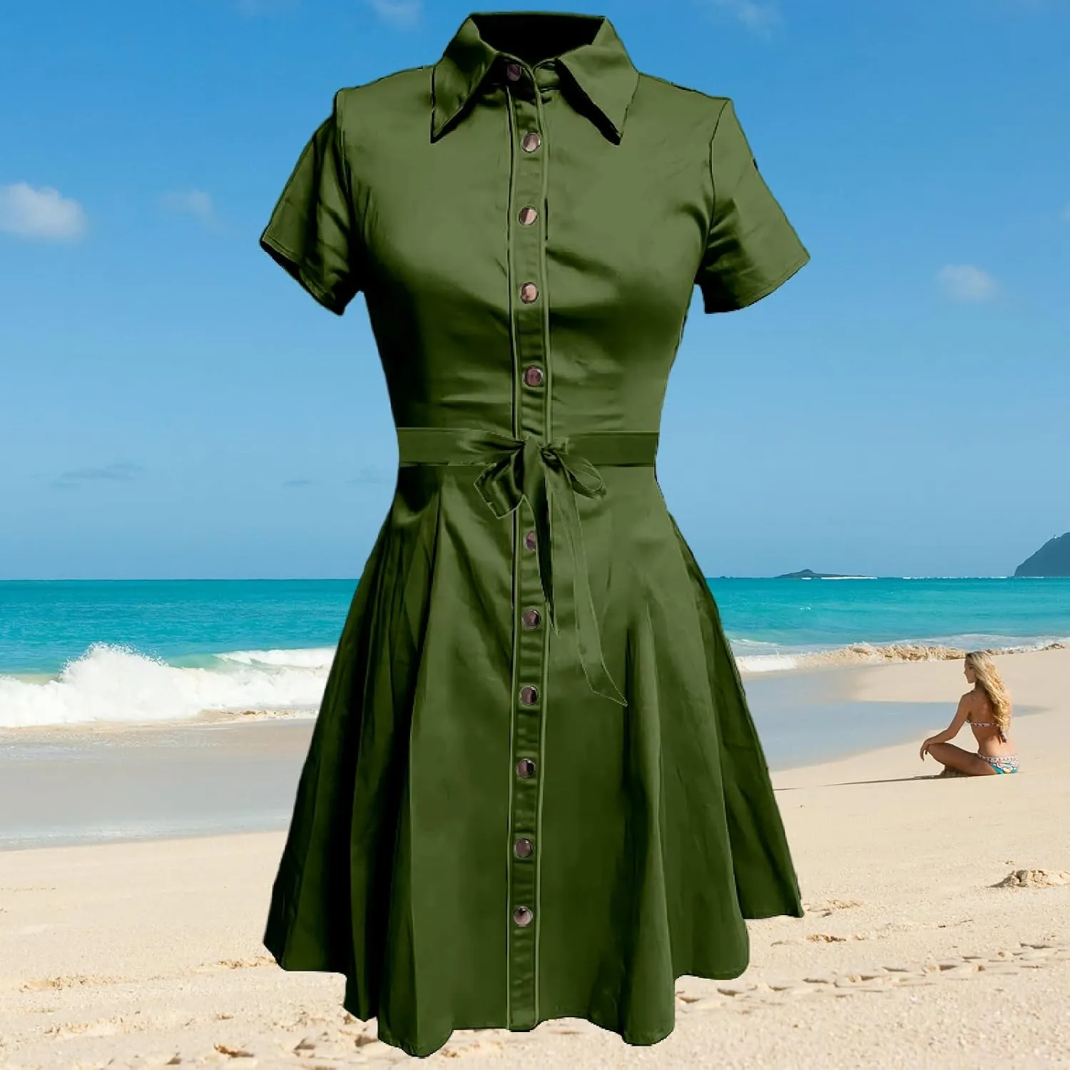 Western Cowgirl Button Down Shirt Dress 1950S Vintage Short Sleeve Slim Fit Sexy Mini Casual Retro Aline Dress