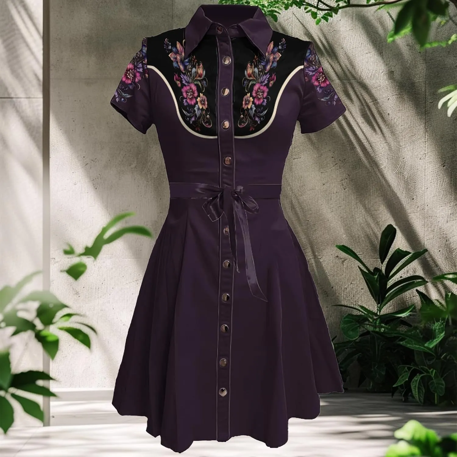Western Cowgirl Button Down Shirt Dress 1950S Vintage Short Sleeve Slim Fit Sexy Mini Casual Retro Aline Dress