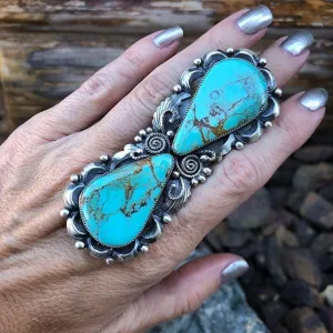Western Jewelry Natural Turquoise Flower Rings for Women s Boho Turquoise Silver Rings Jewelry Vintage Gemstone Stone Joint Knuckle Bohemian Ethnic Exaggerated Jewelry 7