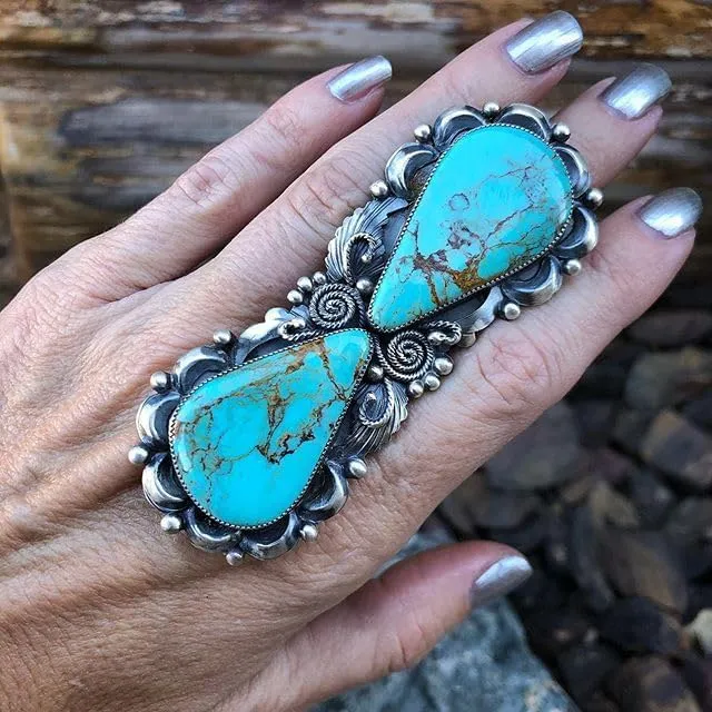 Western Jewelry Natural Turquoise Flower Rings for Women s Boho Turquoise Silver Rings Jewelry Vintage Gemstone Stone Joint Knuckle Bohemian Ethnic Exaggerated Jewelry 7