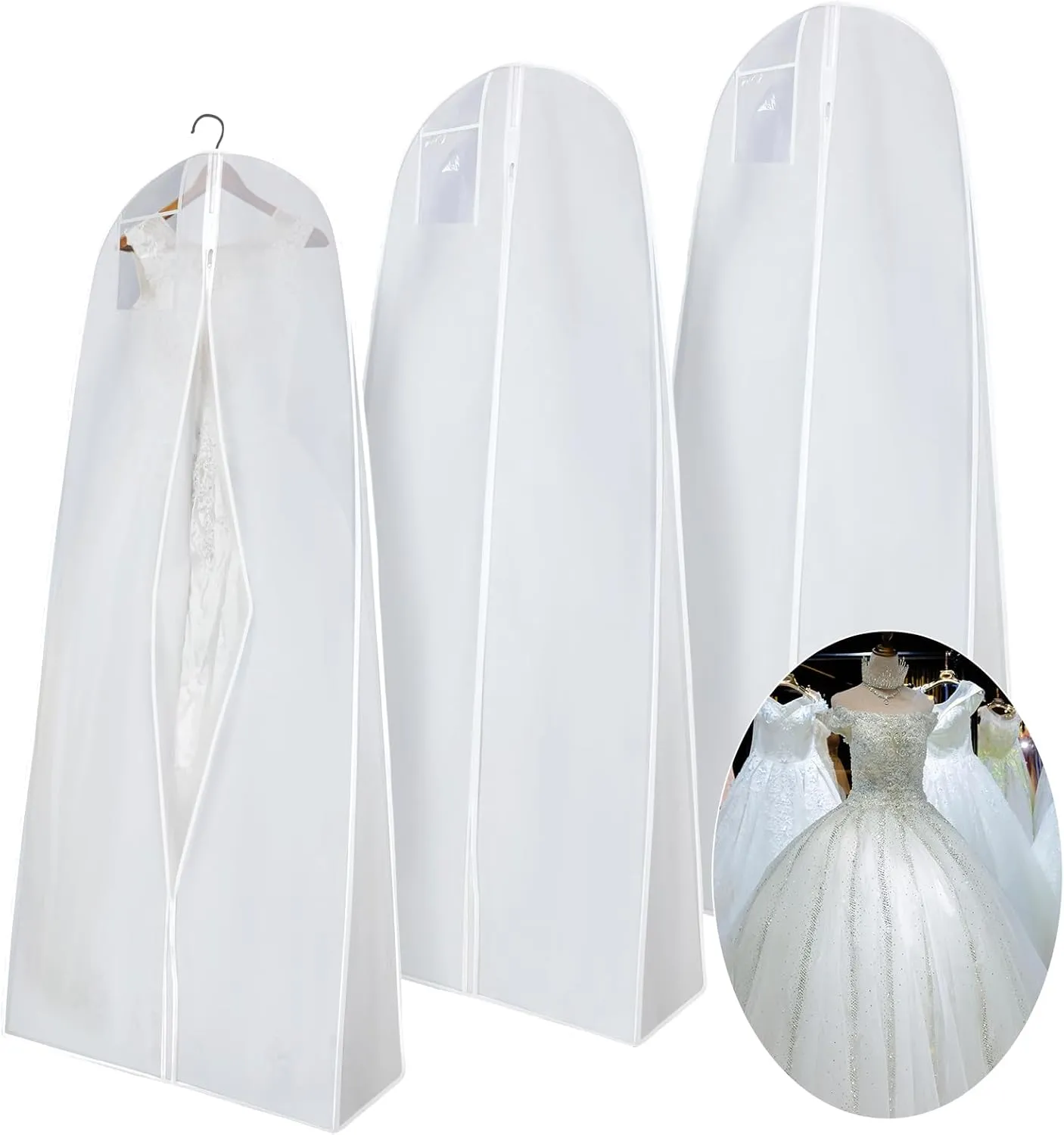 Windyun 3 Pack Wedding Dress Garment Bags 71'' Dress Bags for Gowns Long with 9" Gusseted for Travel Hanging Clothes Storage (White)
