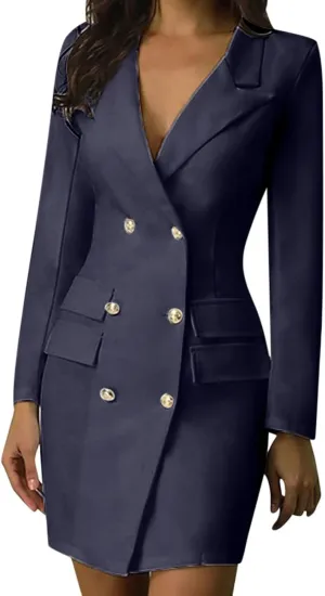 Women Blazer Dress Long Sleeve Notch Lapel Sexy Elegant Formal Suit Jackets Double Breasted Button Business Coat