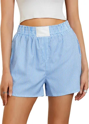 Women Boxer Shorts Stripe Plaid Print Elastic Mid Rise Lounge Shorts Comfy Pajama Shorts Y2K Gingham Shorts Streetwear