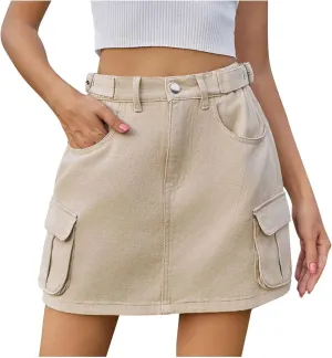 Women Cargo Mini Skirts Button Down Jean Skirt High Waisted Denim Skirts Elastic Stretchy Casual Skirt with Pocket