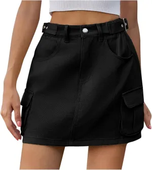Women Cargo Mini Skirts Button Down Jean Skirt High Waisted Denim Skirts Elastic Stretchy Casual Skirt with Pocket