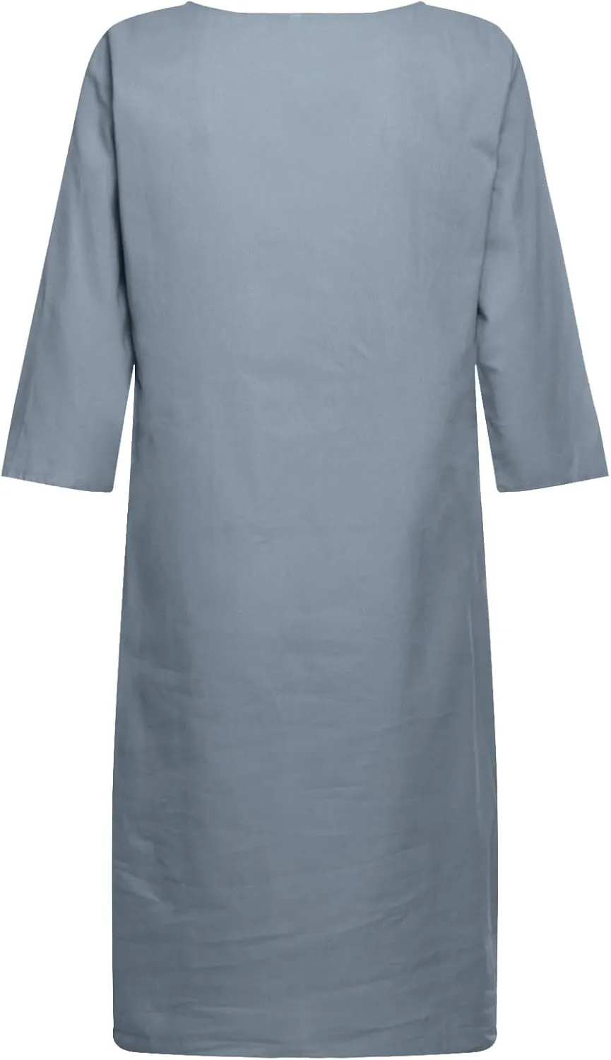 Women Casual Summer Cotton Linen Dresses Vintage 3/4 Sleeve Shirt Derss Beach Sundress Skirt for Women Spring 2025