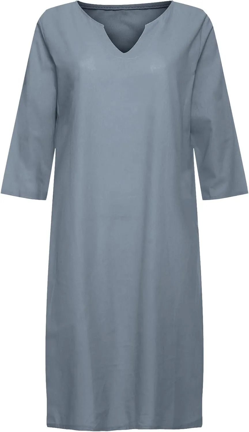 Women Casual Summer Cotton Linen Dresses Vintage 3/4 Sleeve Shirt Derss Beach Sundress Skirt for Women Spring 2025