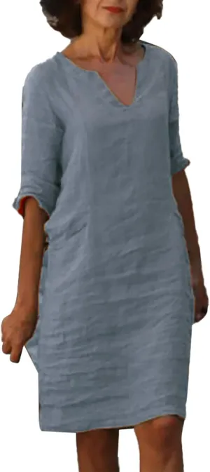 Women Casual Summer Cotton Linen Dresses Vintage 3/4 Sleeve Shirt Derss Beach Sundress Skirt for Women Spring 2025