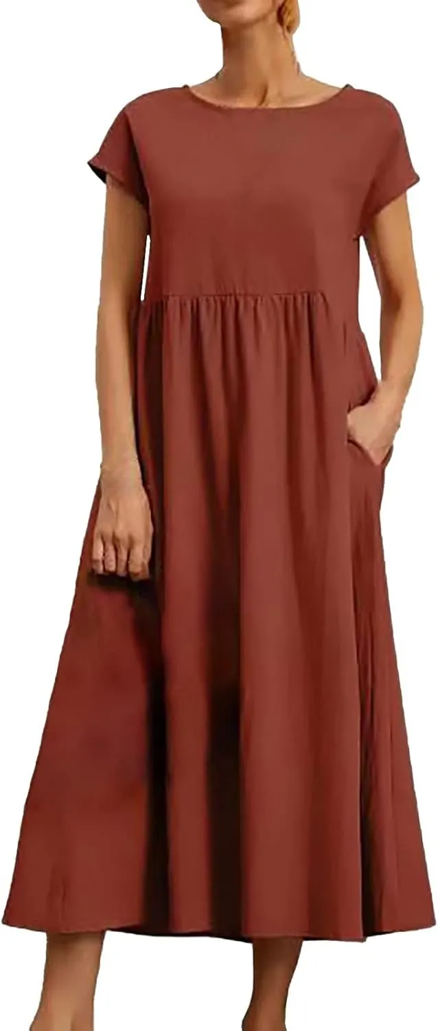 Women Cotton Maxi Dress 2024 Casual O Neck Cap Sleeve Midi Dress Summer Loose Fit Sundress with Pockets