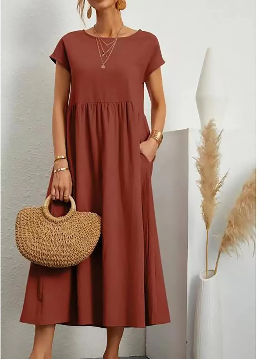 Women Cotton Maxi Dress 2024 Casual O Neck Cap Sleeve Midi Dress Summer Loose Fit Sundress with Pockets