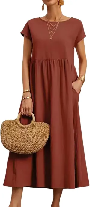Women Cotton Maxi Dress 2024 Casual O Neck Cap Sleeve Midi Dress Summer Loose Fit Sundress with Pockets