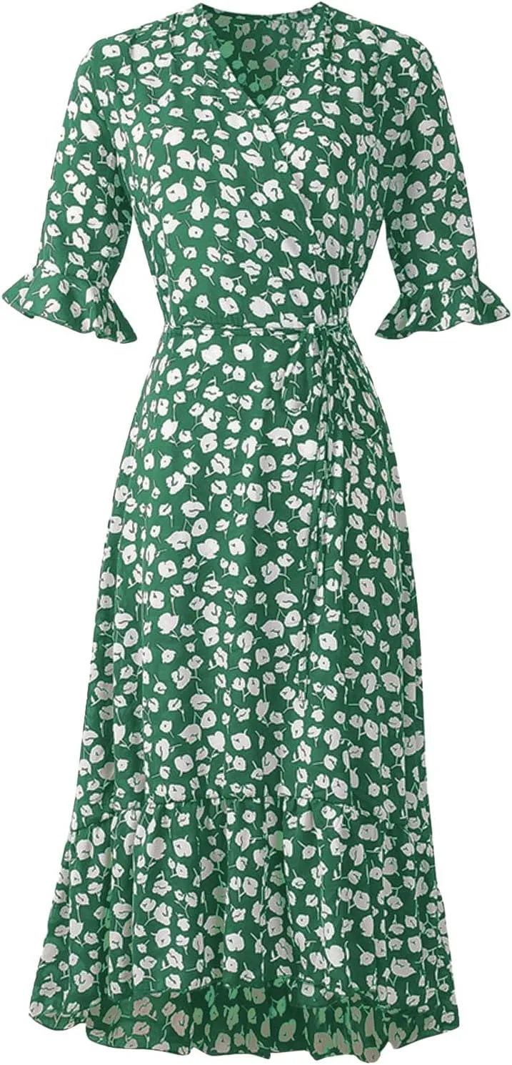 Women Dresses Summer 2024 Floral Side Slit Ruffle Hem Flowy A-Line Dress Casual Ruffle Short Sleeve V Neck Sundress