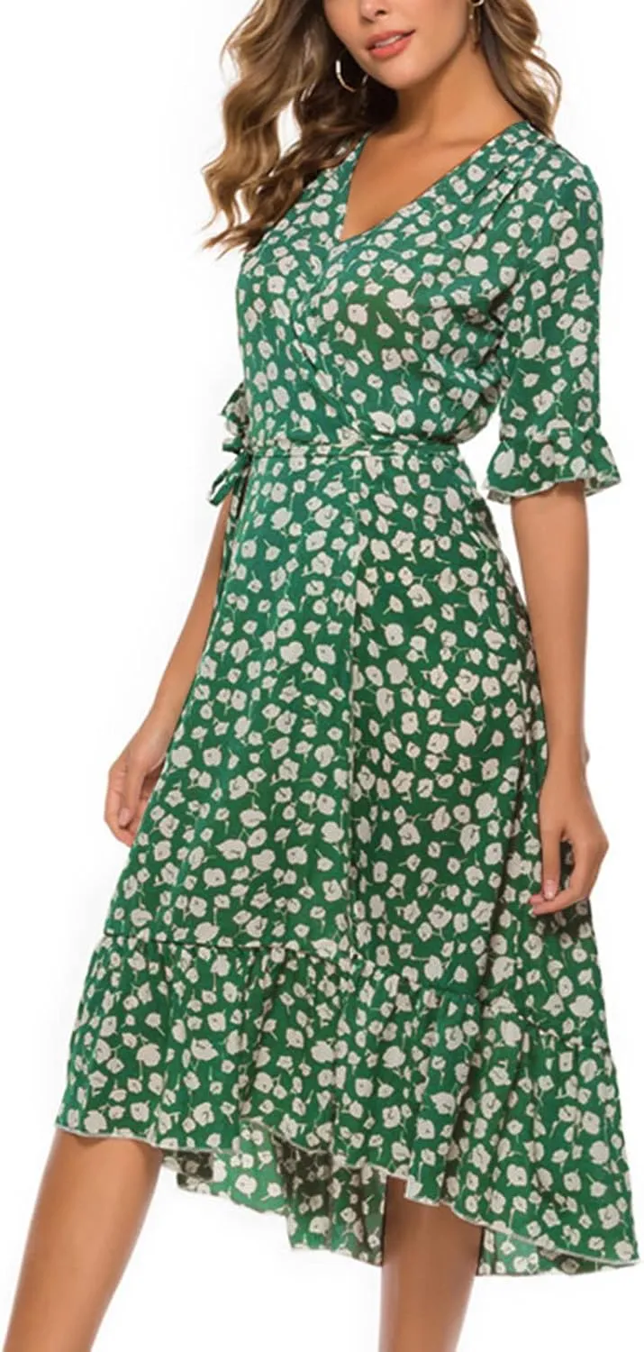 Women Dresses Summer 2024 Floral Side Slit Ruffle Hem Flowy A-Line Dress Casual Ruffle Short Sleeve V Neck Sundress