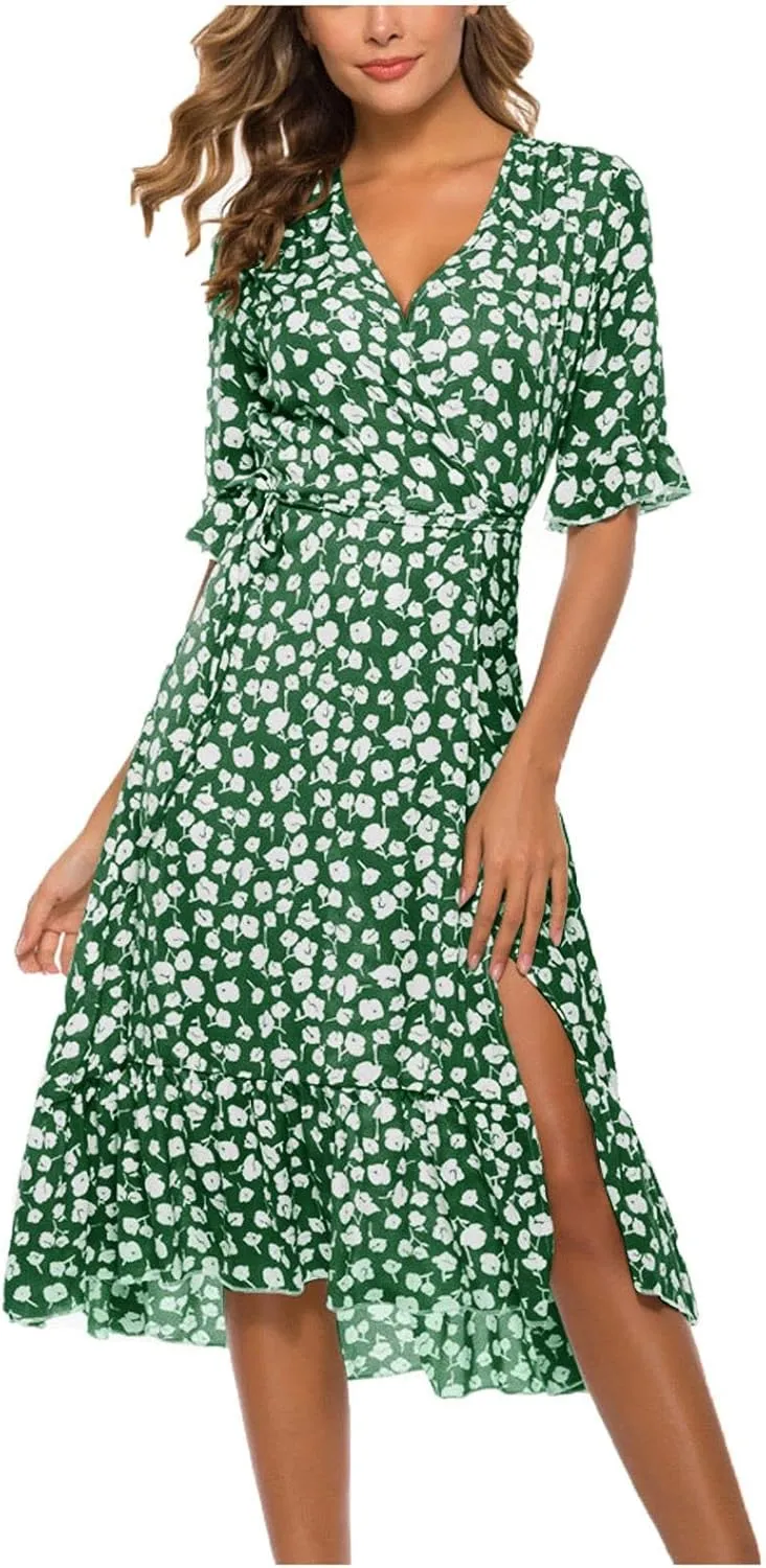 Women Dresses Summer 2024 Floral Side Slit Ruffle Hem Flowy A-Line Dress Casual Ruffle Short Sleeve V Neck Sundress