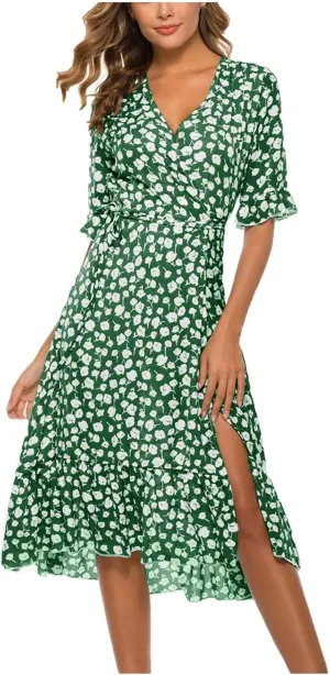 Women Dresses Summer 2024 Floral Side Slit Ruffle Hem Flowy A-Line Dress Casual Ruffle Short Sleeve V Neck Sundress