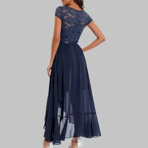 Women Evening Gowns Lace Spliced Chiffon Ruffled Asymmetrical Hem Long Dresses