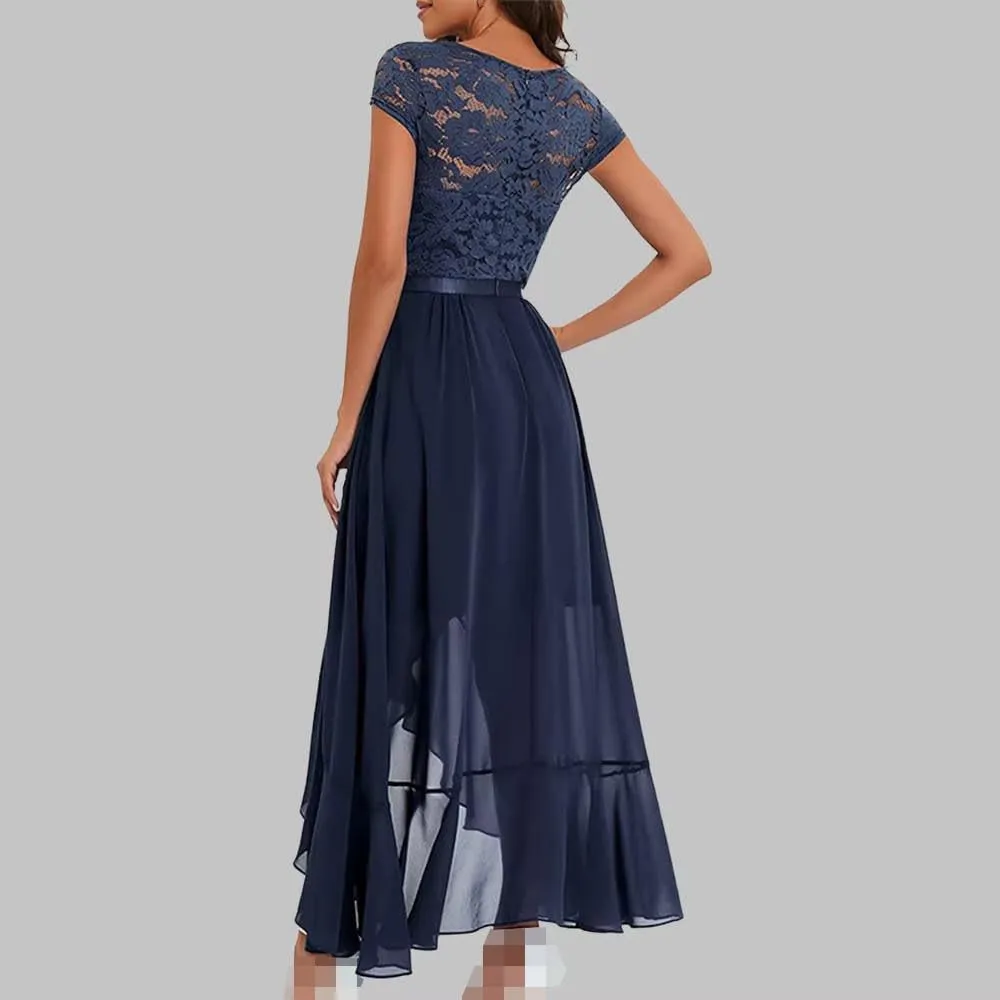 Women Evening Gowns Lace Spliced Chiffon Ruffled Asymmetrical Hem Long Dresses