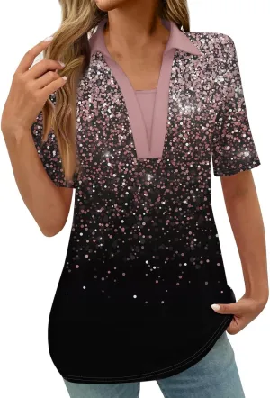 Women Floral Print 2024 Casual Tops V Neck Summer Blouse Shirt Lapel Collar Tunic Tops Trendy Dressy Ladies Clothing