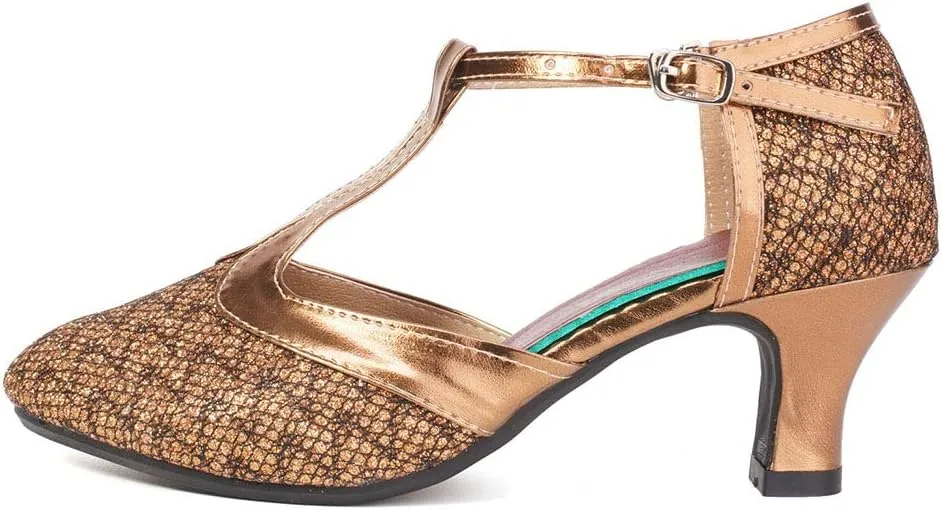 Women Glitter Latin Dance Shoes with T-Strap Ballroom Performance Closed Toe Dancing Shoes,Model DY-309