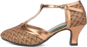 Women Glitter Latin Dance Shoes with T-Strap Ballroom Performance Closed Toe Dancing Shoes,Model DY-309