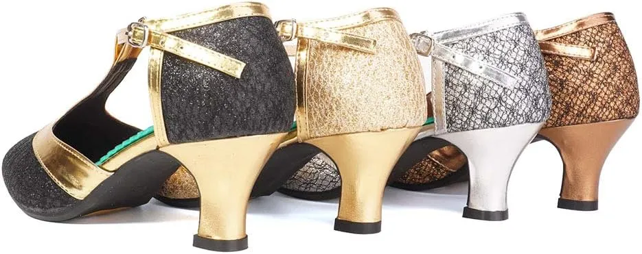 Women Glitter Latin Dance Shoes with T-Strap Ballroom Performance Closed Toe Dancing Shoes,Model DY-309