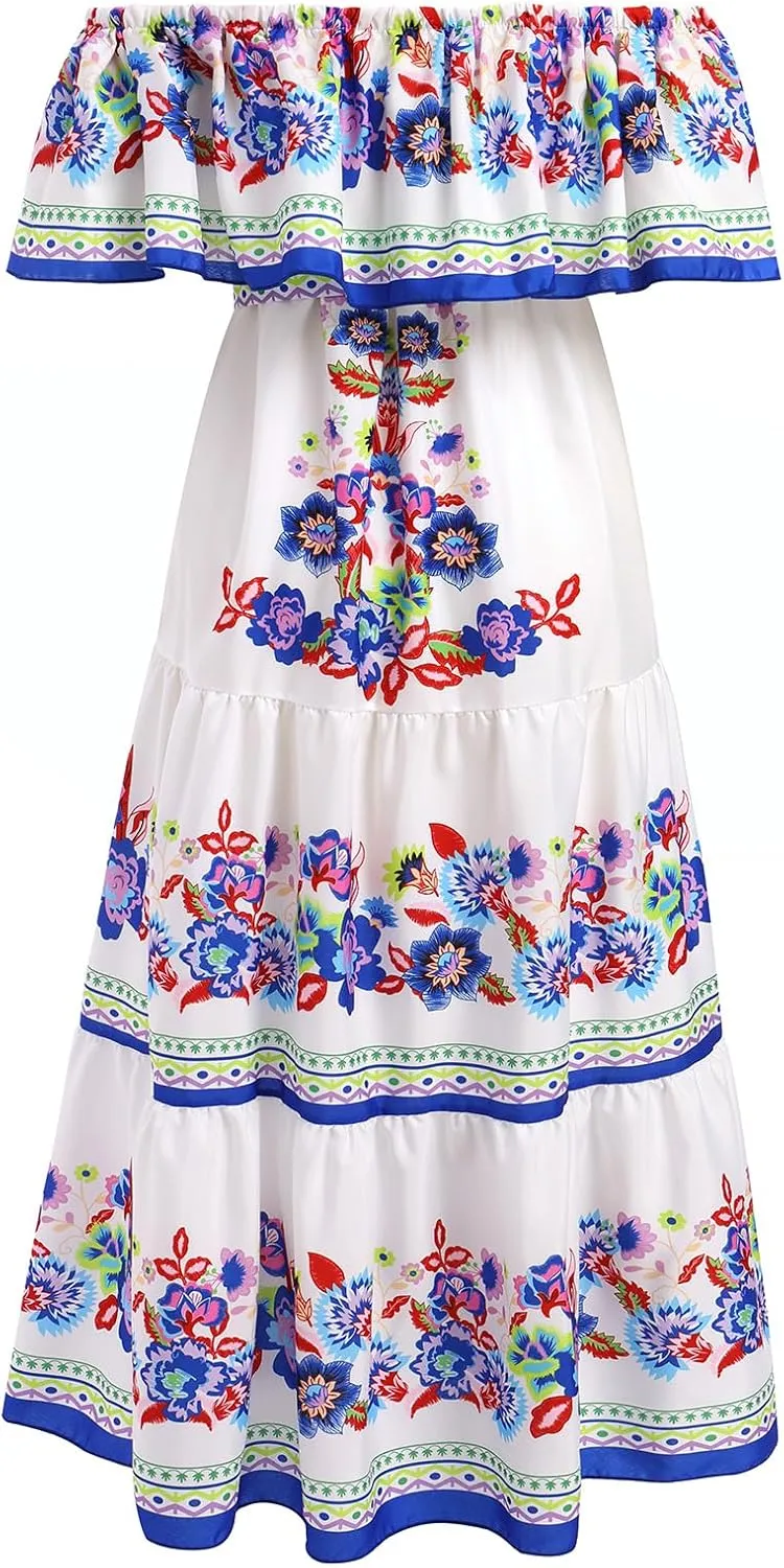 Women Mexican Dress Summer Floral Print Traditional Ethnic Wear Off Shoulder Beach Holiday Party Long Maxi Gowns