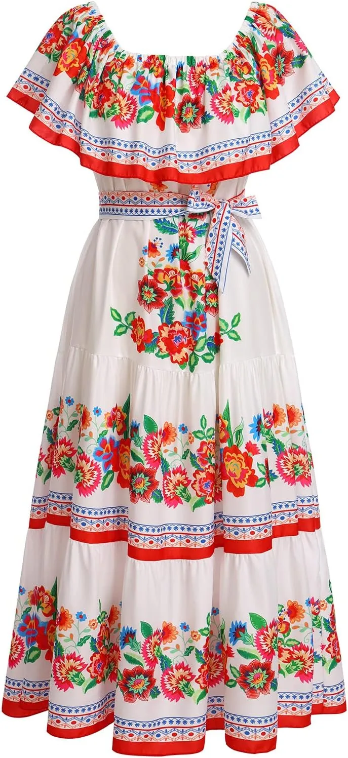 Women Mexican Dress Summer Floral Print Traditional Ethnic Wear Off Shoulder Beach Holiday Party Long Maxi Gowns