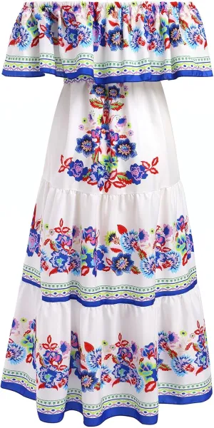 Women Mexican Dress Summer Floral Print Traditional Ethnic Wear Off Shoulder Beach Holiday Party Long Maxi Gowns