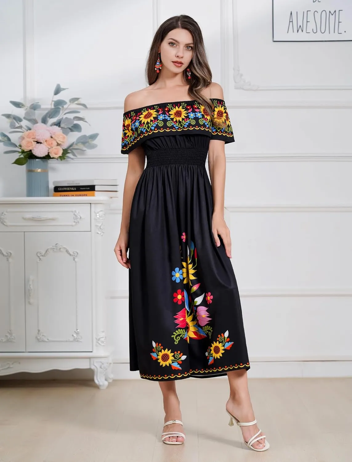 Women Mexican Dress Summer Floral Print Traditional Ethnic Wear Off Shoulder Beach Holiday Party Long Maxi Gowns